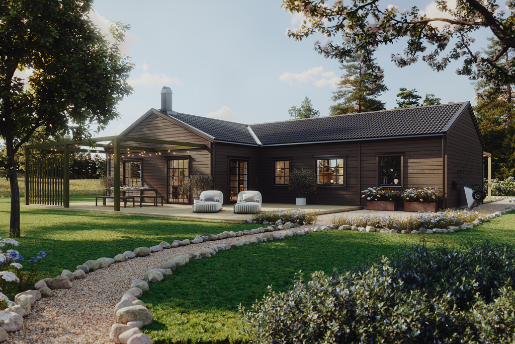Svart Villa Lindö exteriör i modern stil med pool